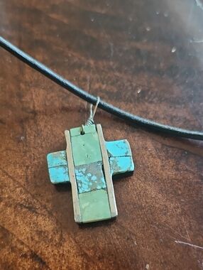 Turquoise Inlay Cross Pendant Necklace - Green/Blue